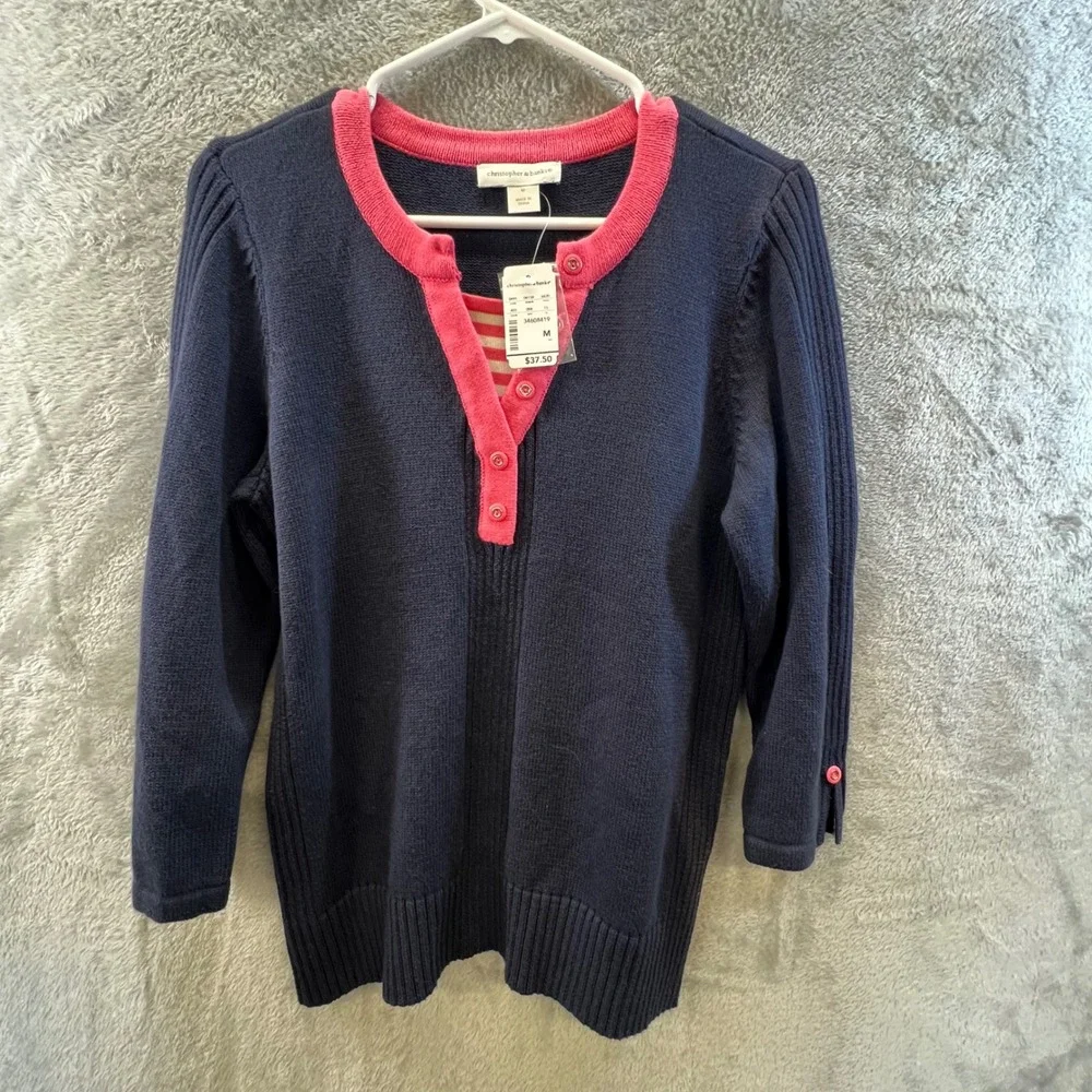 Christopher‎ & Banks Navy Pink Henley Medium 3/4 Sleeve Coastal Nautical Preppy